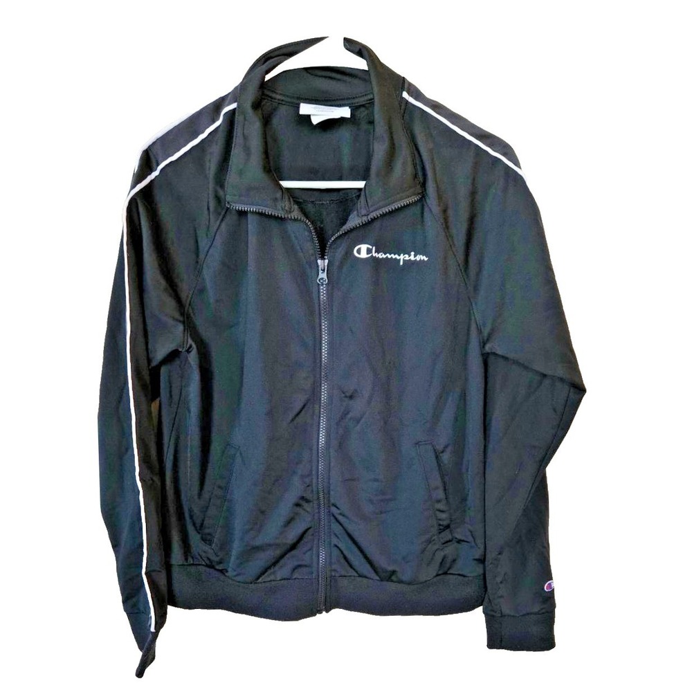 Champion Womens Black Full Zip Track Jacket White Piping Size M Y2K Activewear